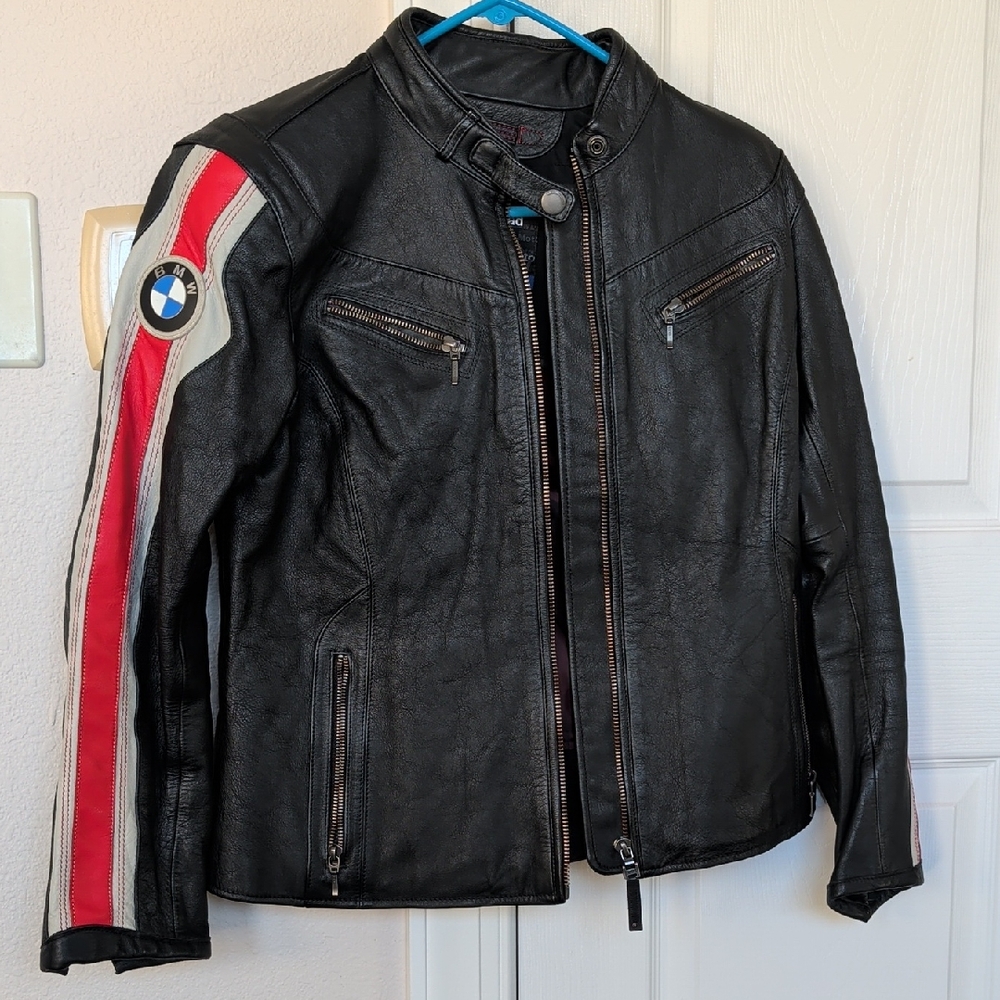 BMW Black Leather Jacket with Red and White Sleeve Stripes